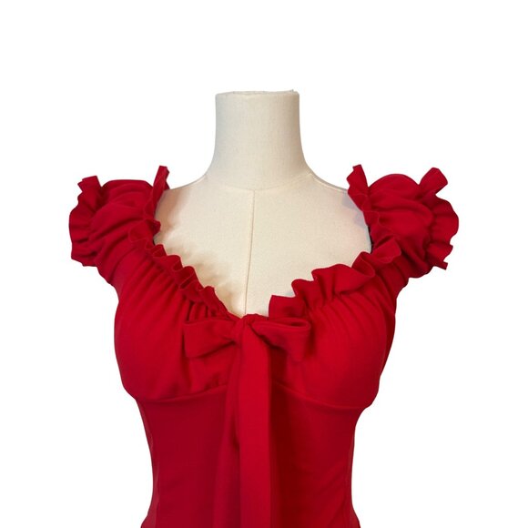 NWT MISSGUIDED Off-The-Shoulder Medium Red Ruffle Thong Bodysuit Flirty Stretch - Picture 3 of 10